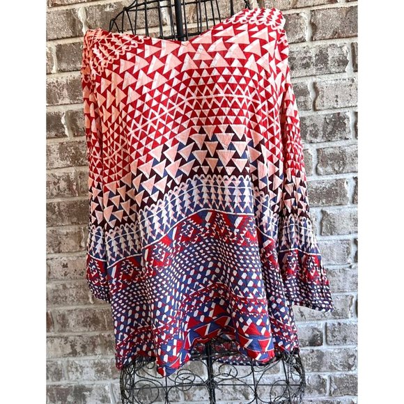 Lucky Brand Top 3X  Geometric Aztec  V Neck  Back Keyhole Boho Hippie RE… - Picture 1 of 12
